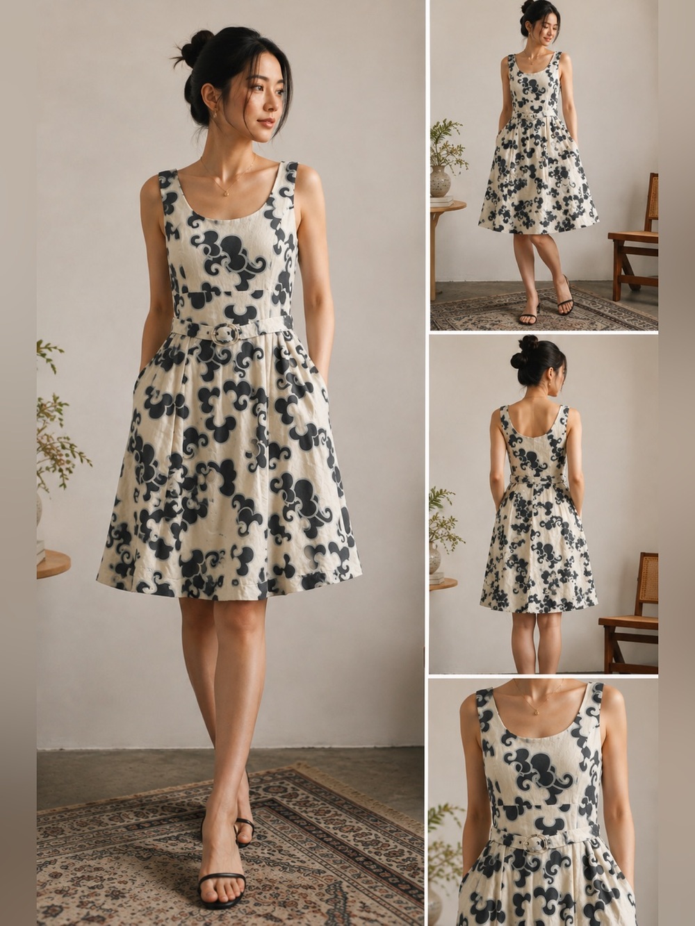 Blue White Linen Cotton Blend Abstract Print Fit & Flare Dress M Belted Midi